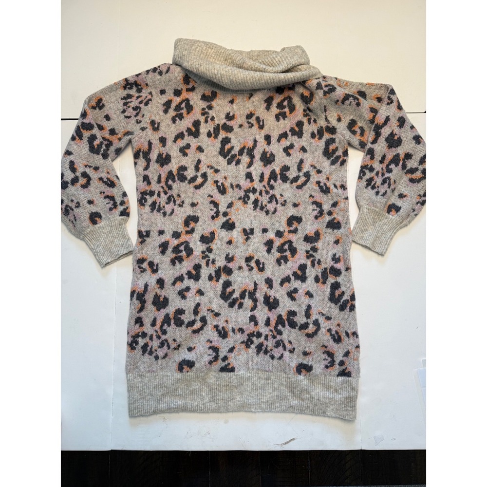 Anthropologie Leopard Print Cowl Neck‎ Sweater Dress Grey Wool Yak Blend Small